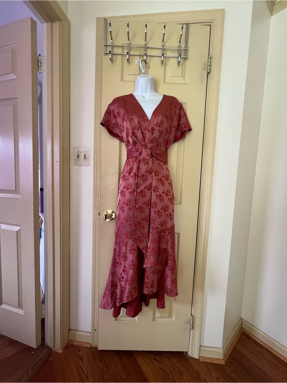 Sachin + Babi Rose-Red Floral Satin High-Low Wrap Dress